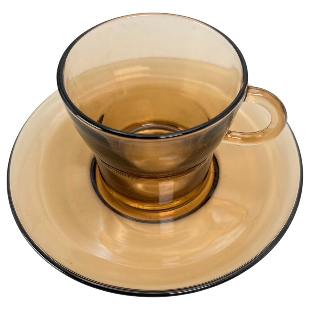 Duralex Amber Brown Glass Espresso Coffee Cup & Saucer 12 Pc Set + Display Stand - Picture 12 of 16